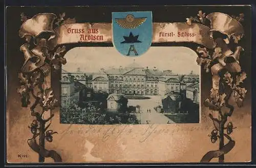 AK Arolsen, Das Fürstliche Schloss im Wappen-Passepartout