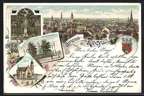 Lithographie Rheydt Rathaus, Bismarck-Denkmal, Denkmal im Kaiserpark