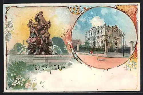 Lithographie Fürth, Freimaurerloge Schlaraffia, Kunstbrunnen