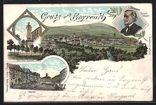 Lithographie Bayreuth, Jean Paul Denkmal, Marktplatz
