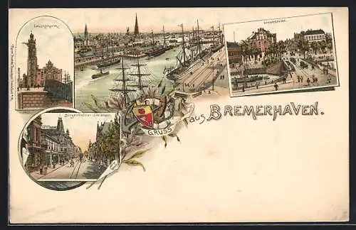 Lithographie Bremerhaven, Geestebrücke, Leuchtthurm, Bürgermeister Smidtstrasse