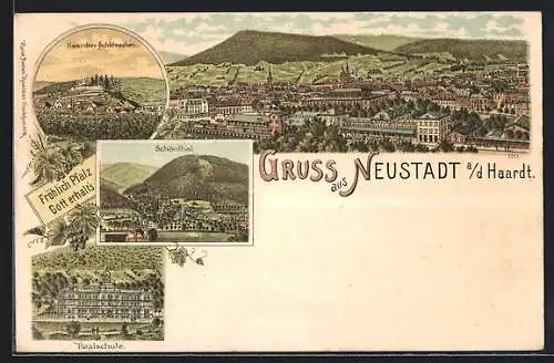 Lithographie Neustadt a. d. Haardt, Schönthal, Haardter Schlösschen, Realschule