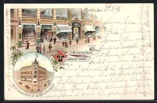 Lithographie Berlin, Friedrichstrasse 59-60, Ecke Leipzigerstr., Equitable-Palast, Münchner Bürger-Bräu