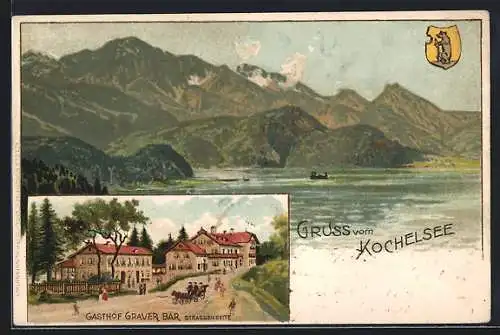 Künstler-AK Kochelsee, Seepartie, Wappen, Gasthof Grauer Bär mit Strasse