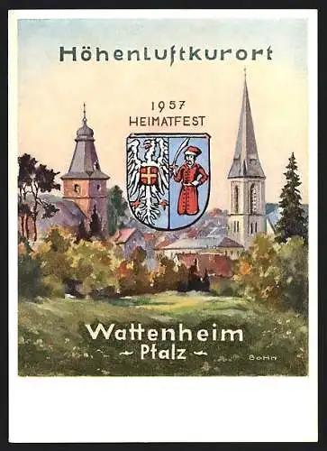 AK Wattenheim / Pfalz, Ansiht des Kirchturms, Wappen der Stadt, Heimatfest 1957