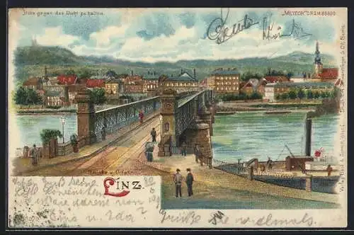 Lithographie Linz, Brücke und Urfahrt, Bei Vollmond