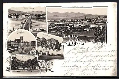 Vorläufer-Lithographie Linz a. D., 1894, Brücke u. Urfahr, Hauptplatz, Volksgarten, Calvarienberg, Freinberg