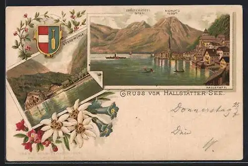 Vorläufer-Lithographie Hallstatt, 1895, Hallstätter See gegen Zwölferkogel und Hierplats, Gosau-Mühle