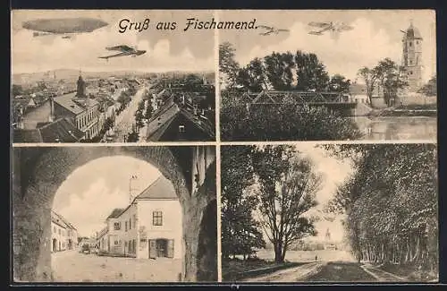 AK Fischamend, Versch. Ortspartien mit Zeppelin und Flugzeugen