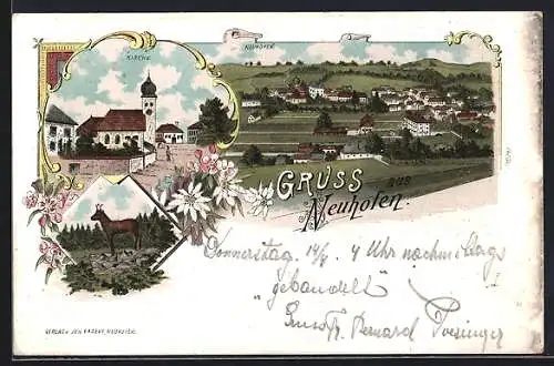 Lithographie Neuhofen an der Ybbs, Kirche und Gesamtansicht