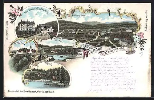 Lithographie Neuhaus /Wienerwald, Alte Burg, Teich und Park