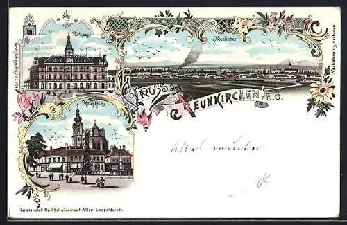 Lithographie Neunkirchen, Hauptplatz, Rathaus, Totalansicht mit rauchendem Schornstein