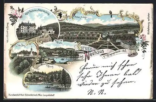 Lithographie Neuhaus /Wienerwald, Alte Burg, Teich und Park