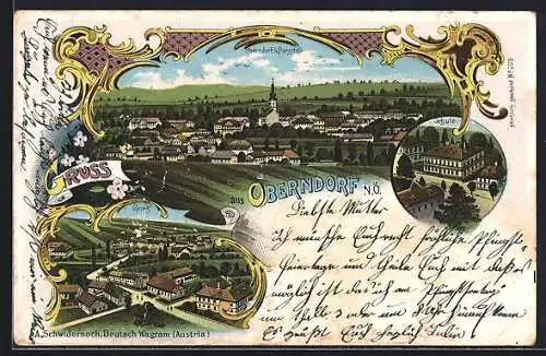 Lithographie Oberndorf an der Melk, Gries, Schule und Gesamtansicht