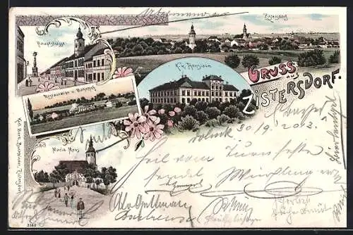 Lithographie Zistersdorf, Hauptstrasse, Maria Moos und Bahnhof