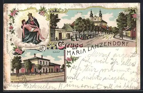 Lithographie Maria Lanzendorf, Bahnhof, Partie mit Kirche, Maria mit Jesus