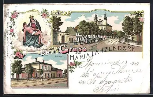 Lithographie Maria Lanzendorf, Bahnhof, Gnadenbild, Blick zur Kirche