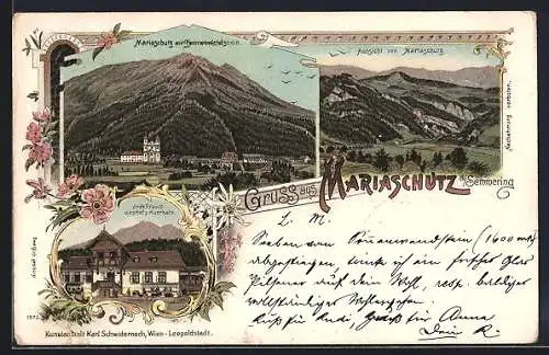 Lithographie Maria Schutz am Semmering, Blick zum Sonnwendstein, Aussicht v. Mariaschutz, Gasthof z. Auerhahn