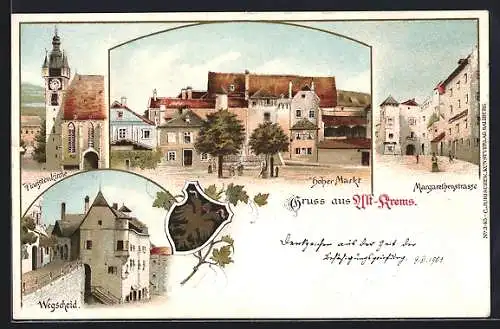 Lithographie Krems /N.-Oe., Wegscheid, Piaristenkirche, Margarethenstrasse, Hoher Markt