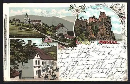 Lithographie Maria Langegg, Gasthaus Neubauer, Ruine Aggstein, Teilansicht