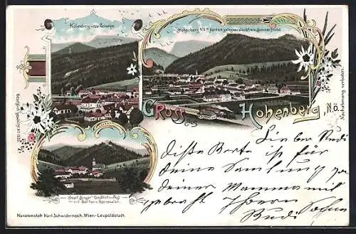 Lithographie Hohenberg, Josef Singers Gasthof zur Post, Ortsansicht mit der Reisalpe