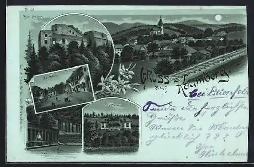 Mondschein-Lithographie Kaumberg, Ruine Araburg, Marktplatz und Villa Weber