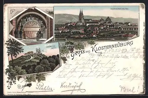 Vorläufer-Lithographie Klosterneuburg, 1895, Fassrutschen im Stiftskeller und Leopoldsberg