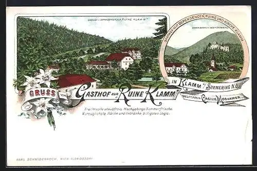 Lithographie Breitenstein am Semmering, Gasthof zur Ruine Klamm v. Cäcilie Moshamer und Sonnwendstein