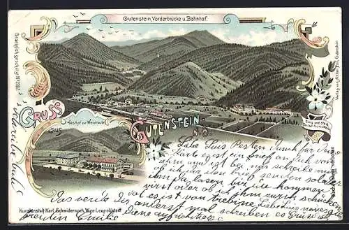 Lithographie Gutenstein, Ortsansicht mit Vorderbrücke und Bahnhof, Gasthof zur Weintraube