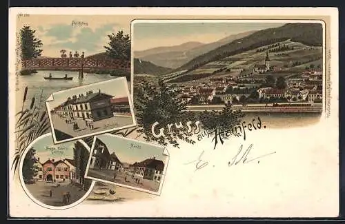 Lithographie Hainfeld /N.-Oe., Ortsansicht, Parksteg, Bahnhof, Franz Zobels Gasthof