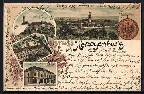 Lithographie Herzogenburg, Blick zum Ort, Neues Rathaus, Kellerstübel Terrasse