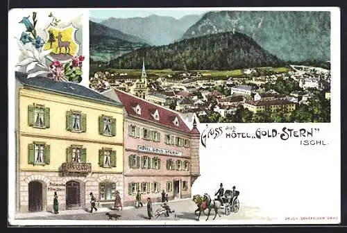 Lithographie Ischl, Hotel Gold. Stern, Ortsansicht