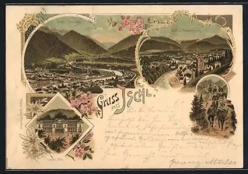 Lithographie Ischl, Kaiserliche Villa, Blick v. Calvarienberg und Traunthal