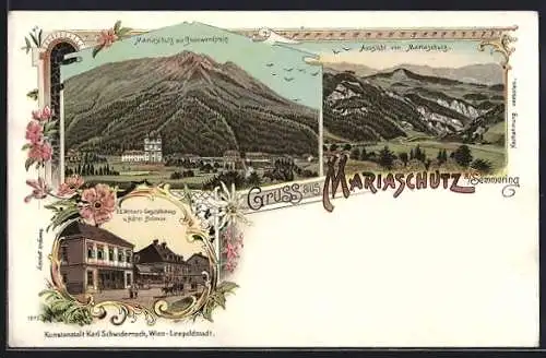 Lithographie Maria Schutz am Semmering, Ed. Webers Geschäftshaus, Hotel Bellevue und Sonnwendstein