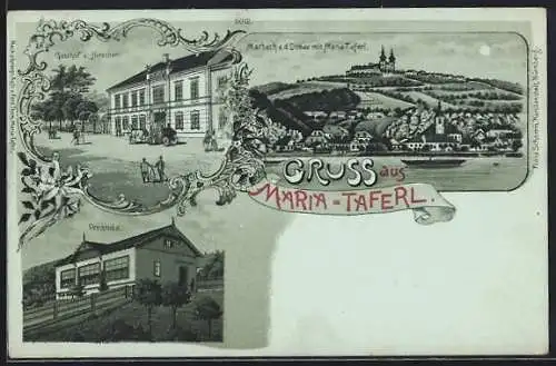 Mondschein-Lithographie Maria-Taferl, Gasthaus zum Hirschen, Veranda und Marbach a. d. Donau