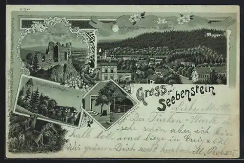 Mondschein-Lithographie Seebenstein, Bergschloss, Türkensturz und Burghof