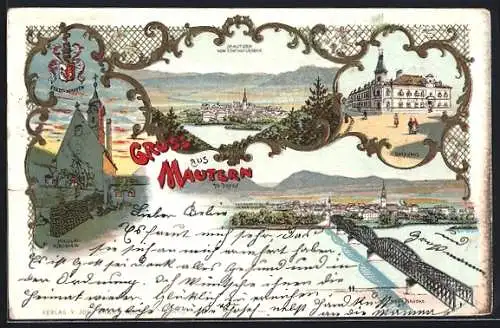 Lithographie Mautern /Donau, Ansicht von oben, Stadt-Wappen, Brücke