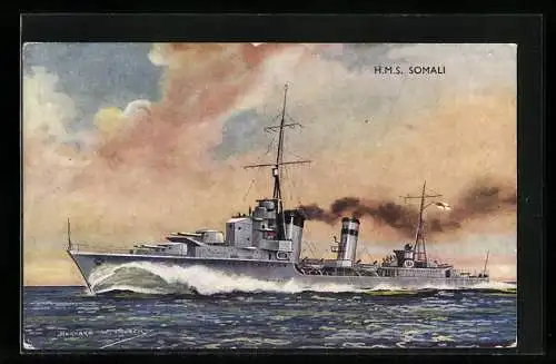 Künstler-AK Kriegsschiff H. M. S. Somali in voller Fahrt