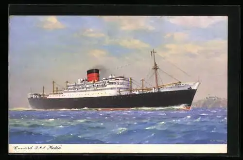 Künstler-AK Passagierschiff R.M.S. Media vor einer Insel, Cunard Liner