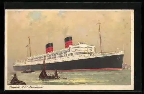 Künstler-AK Passagierschiff RMS Mauretania auf vor der Küste, Cunard Line