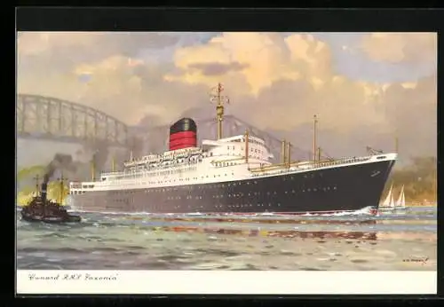 Künstler-AK Passagierschiff R.M.S. Saxonia, unter einer Brücke durchfahrend, Cunard Line