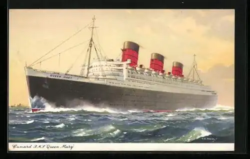 AK Passagierschiff R.M.S. Queen Mary in stürmischer See, Cunard Line