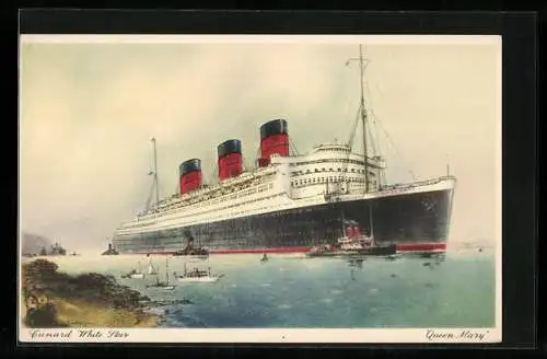 Künstler-AK Passagierschiff Queen Mary an der Küste, Cunard White Star Line