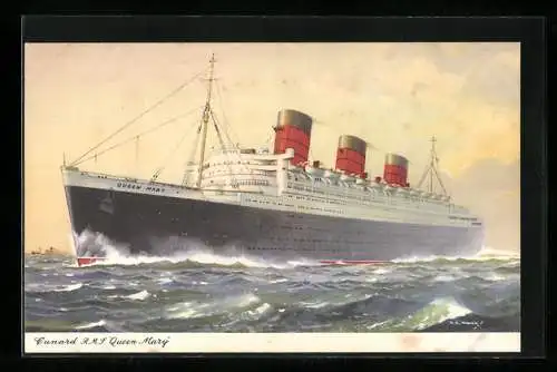 Künstler-AK Passagierschiff R.M.S. Queen Mary in stürmischer See, Cunard Line