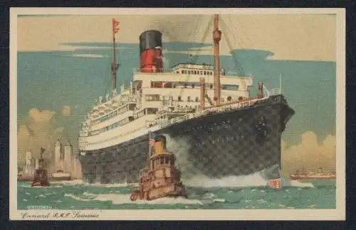 Künstler-AK Passagierschiff RMS Smaria vor einer Stadt, Cunard Line