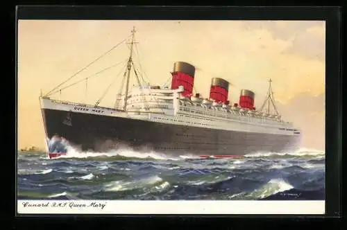 AK Passagierschiff RMS Queen Mary auf stürmischer See, Cunard Line