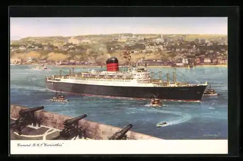 Künstler-AK Passagierschiff R.M.S. Carinthia in der Bucht vor der Stadt, Cunard Line