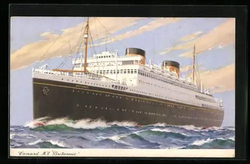 AK Passagierschiff M.V. Britannic der Cunard Line pflügt durch die Wellen