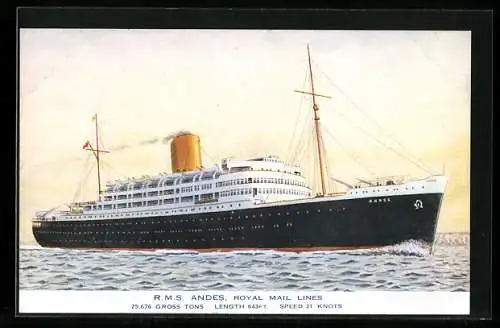 AK Passagierschiff R.M.S. Andes unter Volldampf auf hoher See, Royal Mail Liner