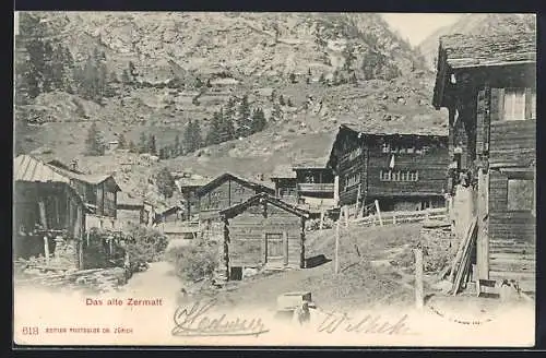 AK Zermatt, Alte Holzhäuser am Berghang